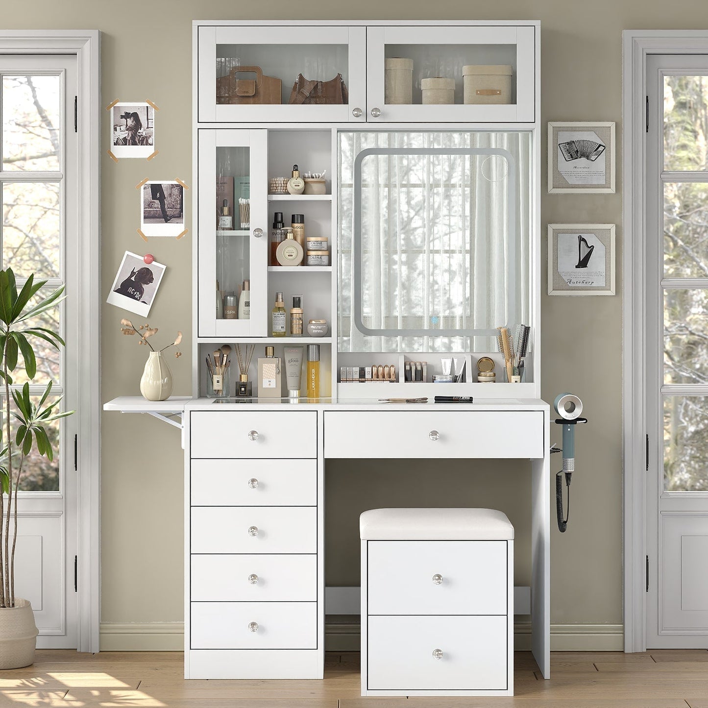 Yanosaku VD022 Vanity Desk with Mirror, Lights, Drawers, Stool, White