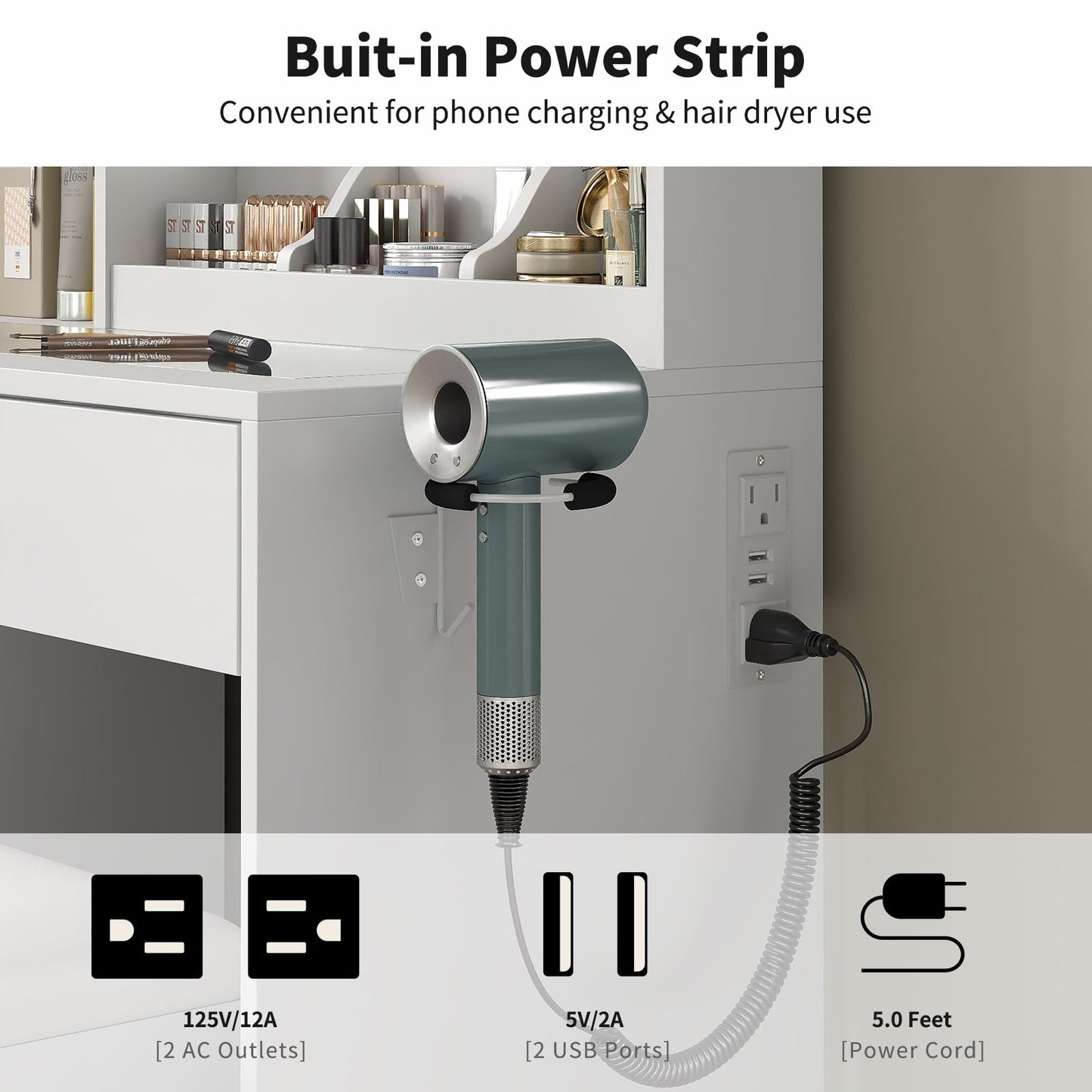 Yanosaku VD022 Vanity Desk with Mirror, Lights, Drawers, Stool, White