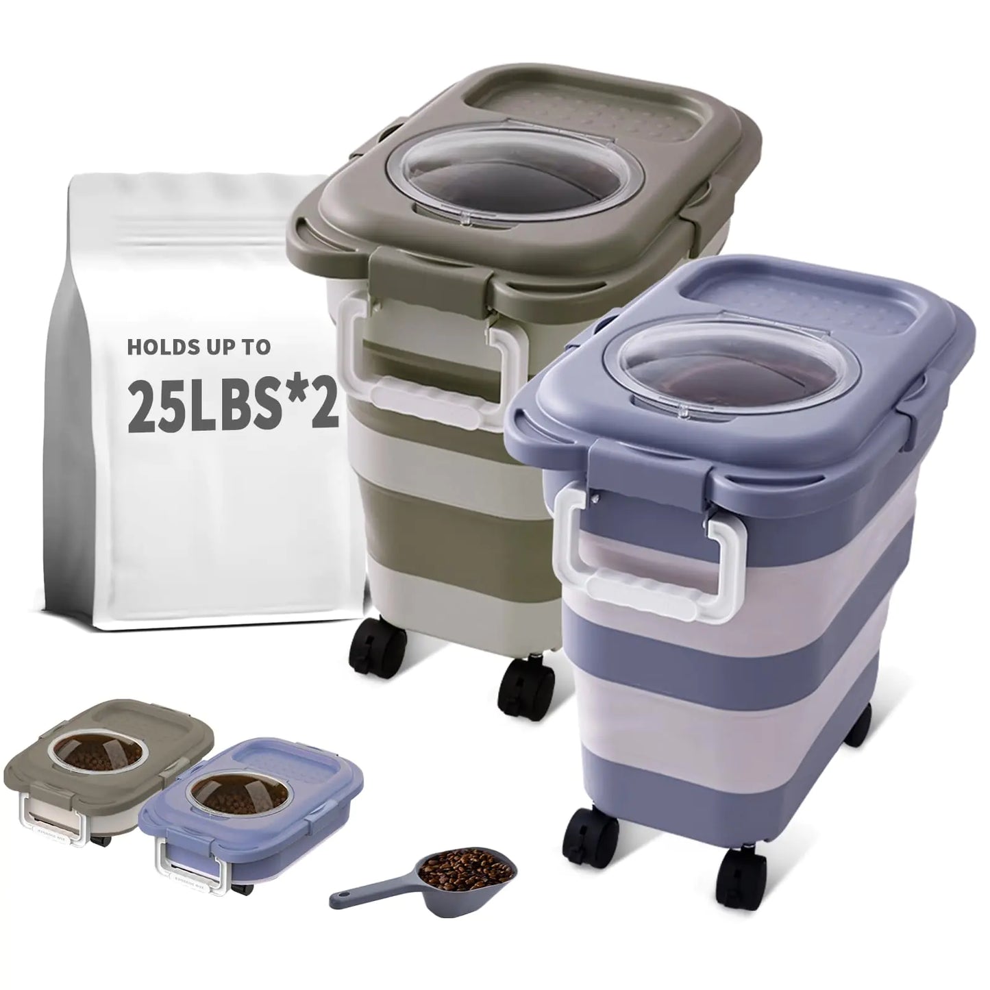 nxizoli 25 Lbs Dog Food Storage Container 2PCS Collapsible Dog Food Container with Scoop for Pet/Dog/Cat/Bird FoodKeep Dry Food FreshEasy to Move(Blue & Khaki)