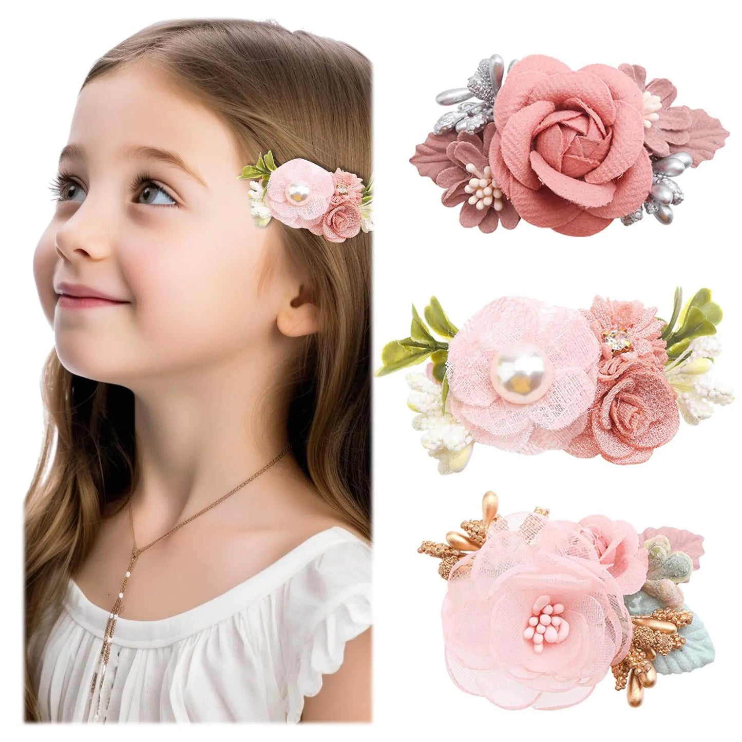 3pc Flower Hair Clip SetPink Flower Hair ClipFlower Hair Flower Clip with Rose Hair Clip & Fancy Hair Clips Floral Hair Accessories Hair Flowers for girls